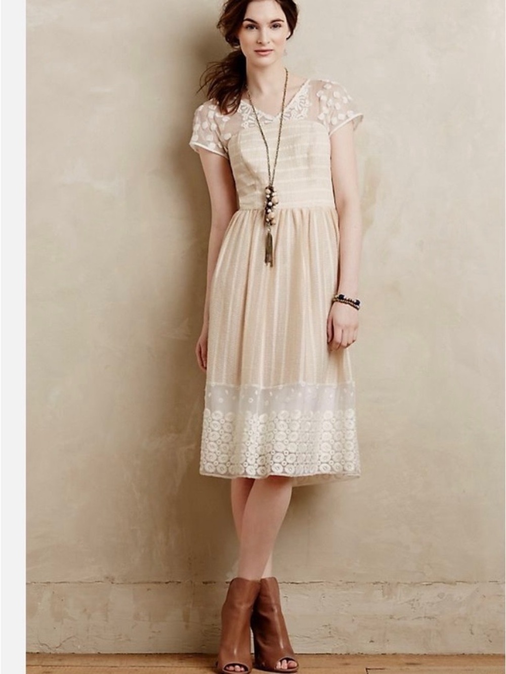 Anthropologie Sheer Blush Cream Midi Dress with Lace Hem
